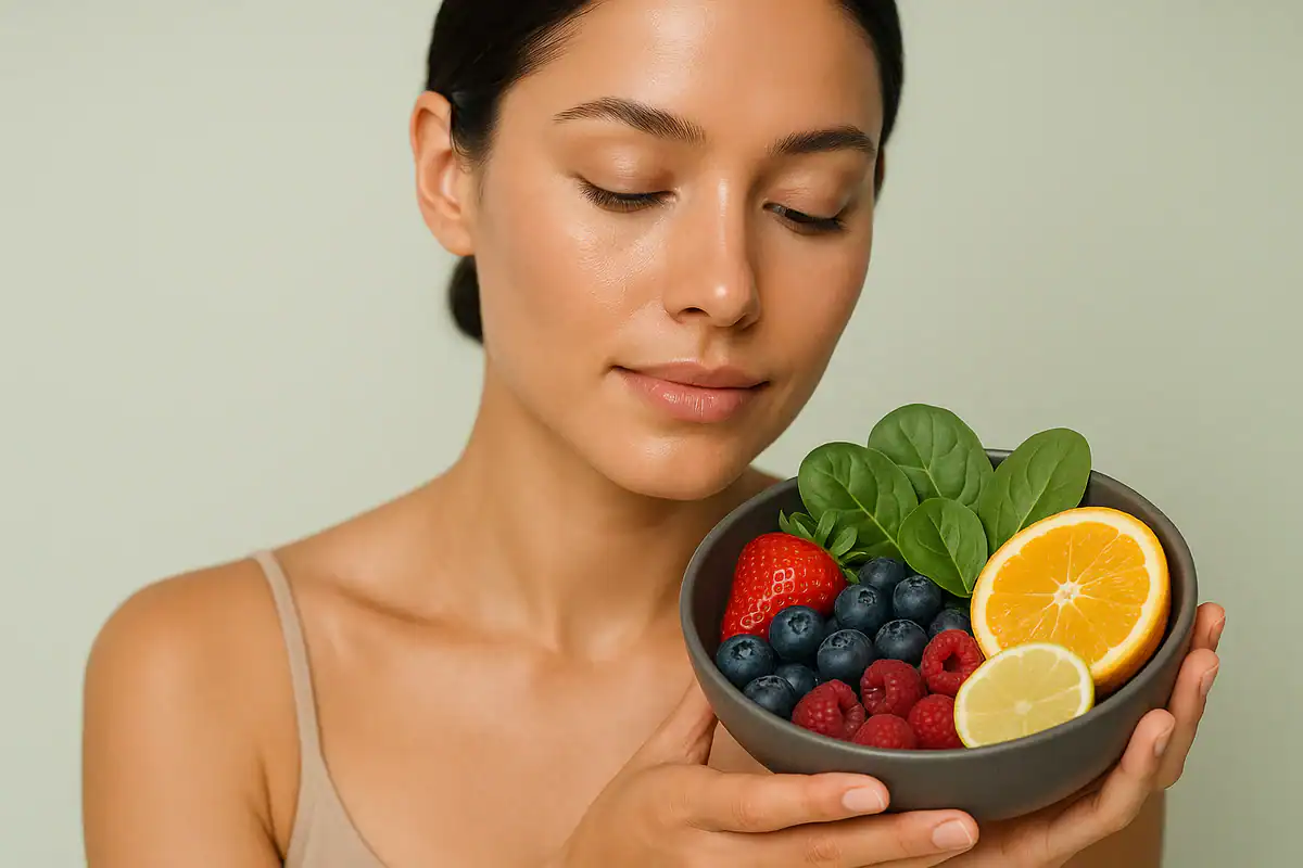Nő antioxidánsban gazdag gyümölcsökkel teli tálat tart a kezében